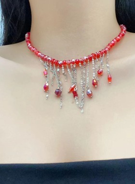 时尚轻奢红色水晶流苏拼接项链精致ins冷淡风潮流设计感锁骨链女
