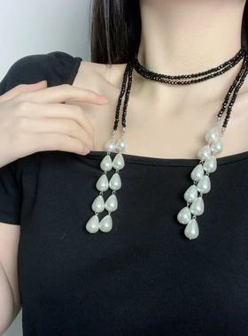 复古水晶双层串珠珍珠流苏项链法式优雅气质时尚轻奢锁骨链新款