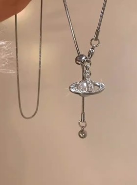 土星珍珠吊坠流苏项链女2025新款秋冬抽拉可调节毛衣链高级感配饰