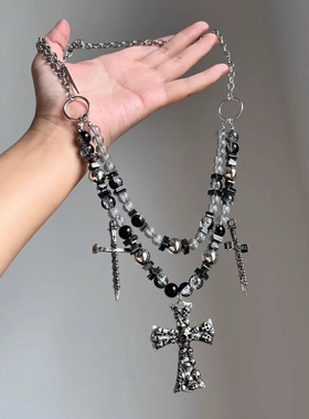 哥特风骷髅十字架吊坠项链暗黑系辣妹锁骨链双层叠戴朋克潮酷颈链