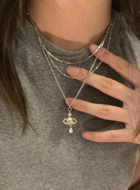 「星河予你」韩系银色土星水滴项链冷淡风精致通勤三层叠戴锁骨链