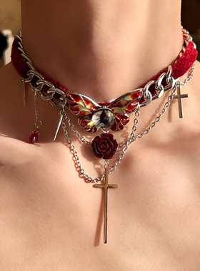 复古红色丝绒蝴蝶眼睛十字架项链小众设计感锁骨链choker辣妹颈链