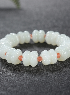 【楼兰璞钰】天然和田玉白玉并蒂莲南红单圈手串原创精品设计