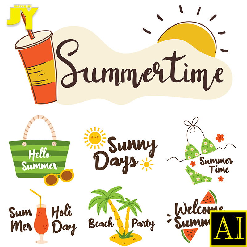 hello sunmmer可爱卡通手绘英文字体奶茶果汁夏季创意设计AI素材