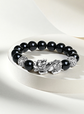 周六福黑曜貔貅手串S925银复古