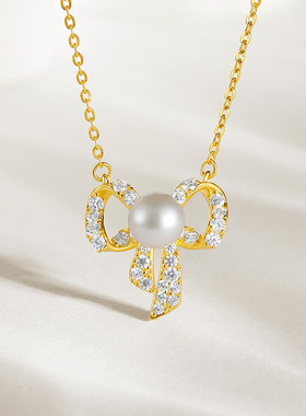 周六福纯银珍珠蝴蝶结项链