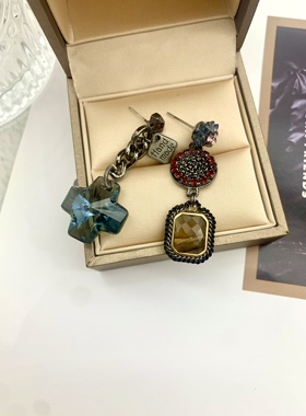 手工款韩国精致高端复古水晶气质耳环不对称设计师款耳饰女耳钉