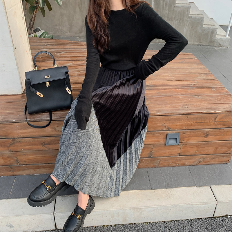 毛呢中长款丝绒拼接秋冬复古半身裙 迷样女子半身裙