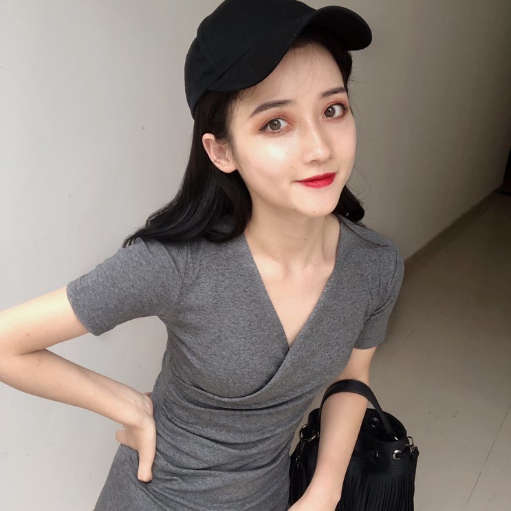 领短袖连衣裙女装 V 春季新款修身显瘦不规则包臀裙子气质纯色 2019 领短袖连衣裙女装 V 春季新款修身显瘦不规则包臀裙子气质纯色 2019