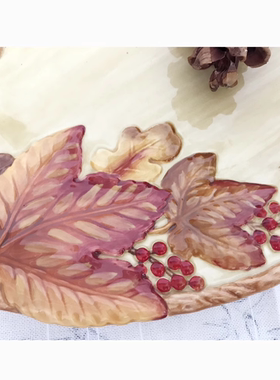 现 纽约下城公园进口浪漫秋色枫叶麦穗松果陶瓷装饰托盘收纳盘