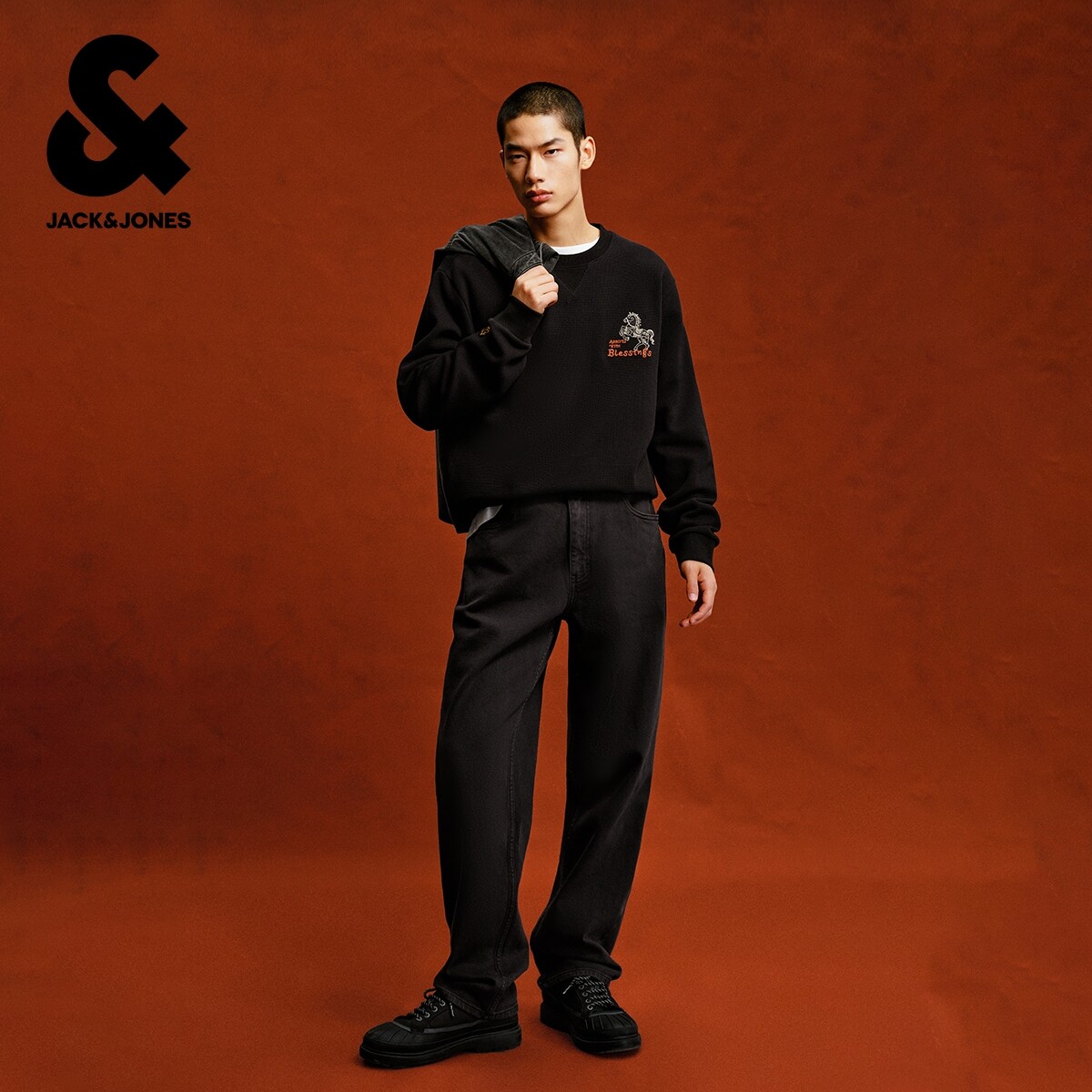 907杰克琼斯男装马年新年牛仔裤宽松阔腿深灰中式刺绣长裤子男款