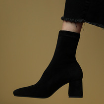 ACNEins style elegant wind ~ autumn winter new elastic boots thick heel high heel black short boots and ankle boots