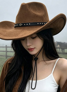 2026新款美式西部牛仔帽女川藏旅游拍照出片复古铆钉大帽檐骑士帽
