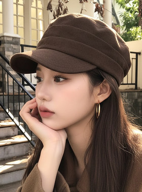 章若楠同款复古麂皮绒八角鸭舌帽女秋冬百搭显脸小报童帽咖色帽子