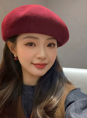 安可拉红羊毛贝雷帽子女秋冬季显脸小毛呢蓓蕾帽方圆脸适合画家帽