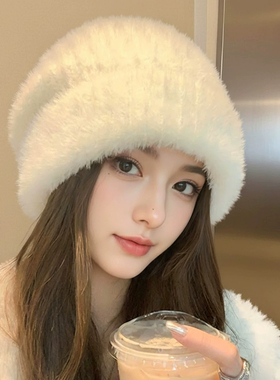 2026新款白色毛绒帽子女士秋冬季防寒护耳大头围显脸小百搭堆堆帽
