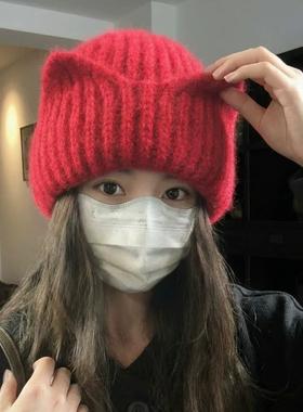 日系猫耳针织帽女秋冬大头围