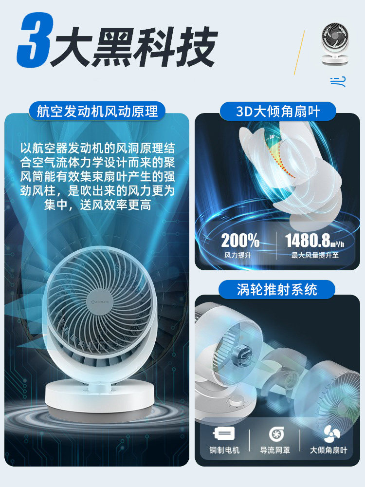 艾美特家用小型桌面台式涡轮小风扇 艾美特电器空气循环扇