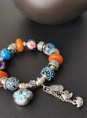 梦觉银S925银珐琅彩蜜蜡元宝流苏手串37克左右