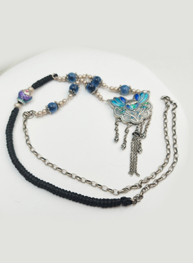 蝴蝶吊坠毛衣链S925纯银女海蓝宝