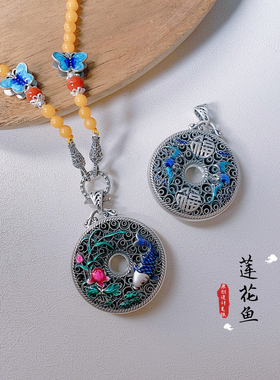 景泰蓝吊坠项链999足银女生