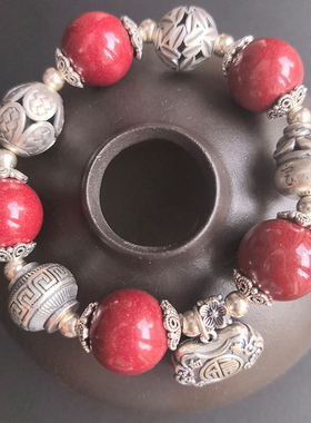 朱砂68克手链S925纯银复古民族做旧女生原创设计手串女友礼物