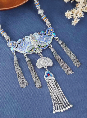 S925纯银一套110.7克蝙蝠流苏毛衣链民族风珐琅项链56+5cm长度