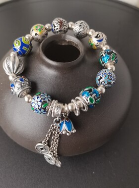 S925纯银珐琅手链珐琅彩花球流苏五帝钱原创复古民族风女手串