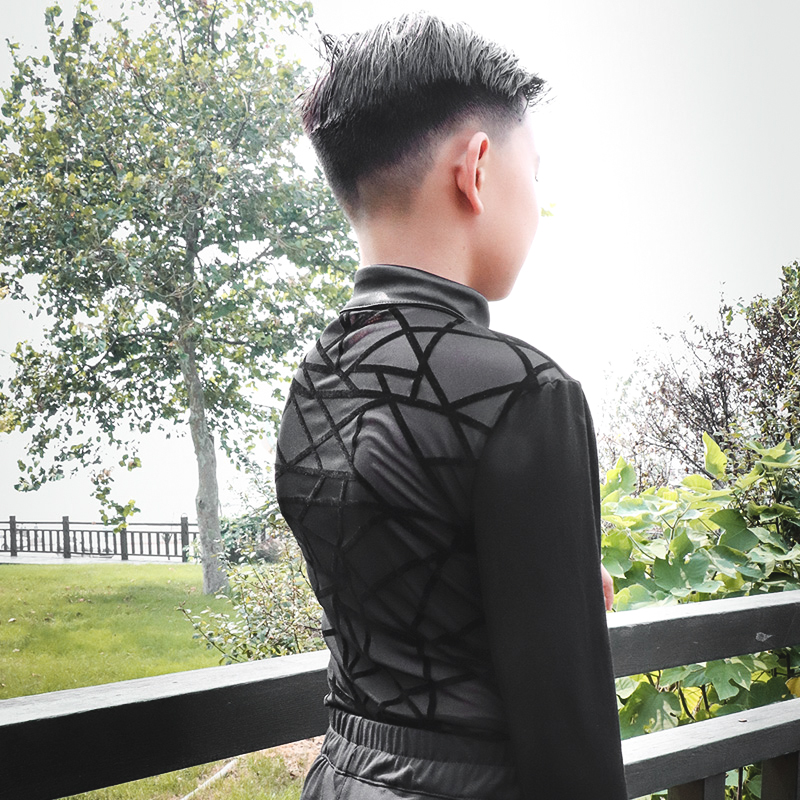 又见梵羽少儿拉丁舞蹈服植绒网纱长袖连体衣儿童摩登上装BY350新 - 图1