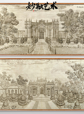圆明园宫廷建筑装饰画新中式走廊