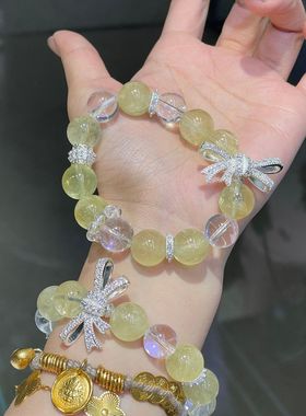 天然柠檬黄水晶单圈手链白水晶手串搭配蝴蝶结高级饰品轻奢女士
