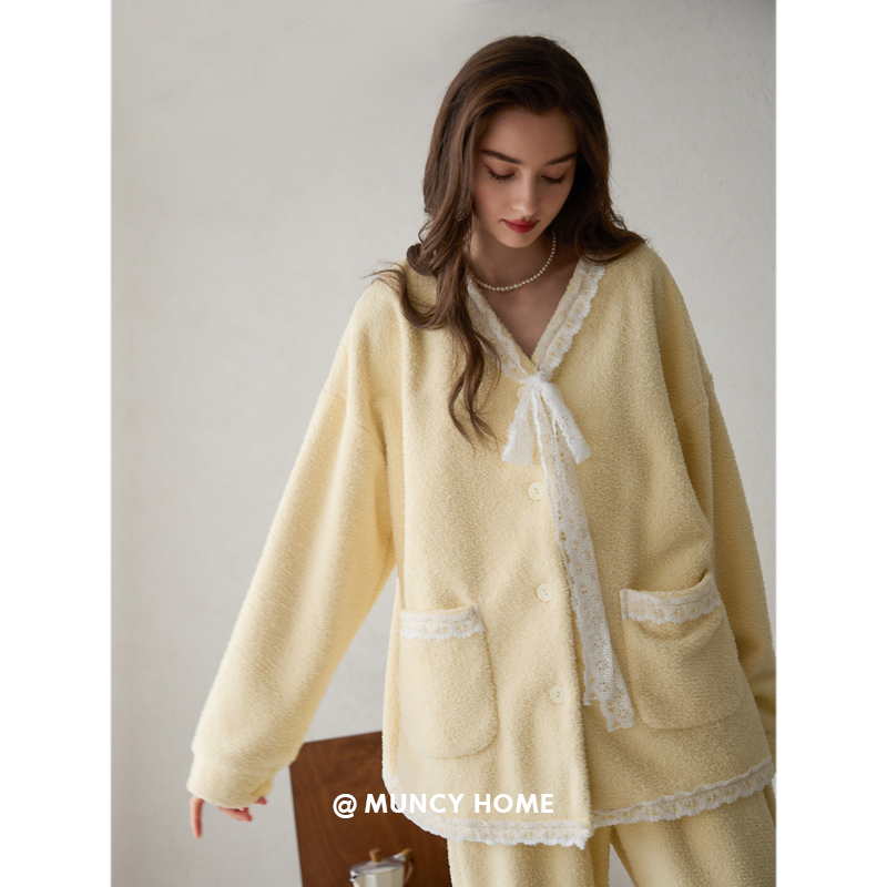 曼系“蕾丝绮梦”保暖睡衣女秋冬高级感时尚优雅毛茸茸家居服开衫 - 图0