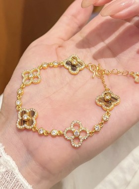 镶钻虎眼石四叶草项链手链女