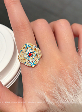新中式珐琅彩花朵戒指女