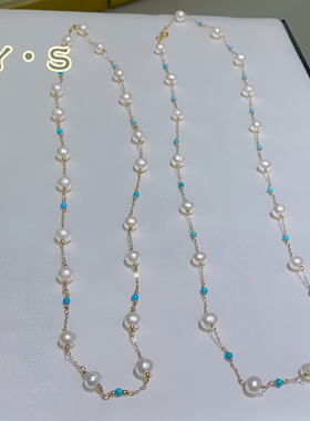 原创设计绿松石拼接珍珠项链毛衣链 加长男女可叠戴