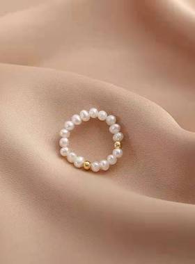 叠戴ins风天然珍珠弹力线戒指