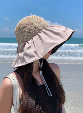 黑胶沙滩帽遮阳帽女夏季镂空草帽