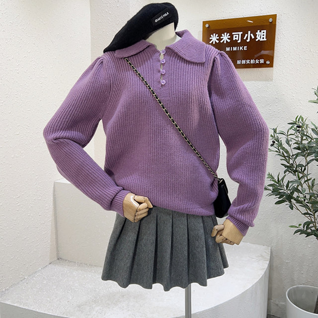 Baby doll collar long sleeve sweater women's reduced collar knitted top