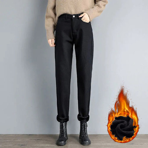 ladies winter warm jeans velvet trousers autumn women pants - 图0