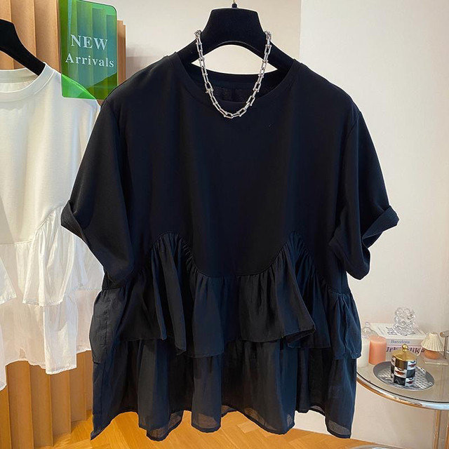 Extra large size 2-300 pounds ruffled splicing short-sleeved T-shirt for women summer fat mm loose design niche chic top