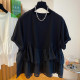 Extra large size 2-300 pounds ruffled splicing short-sleeved T-shirt for women summer fat mm loose design niche chic top