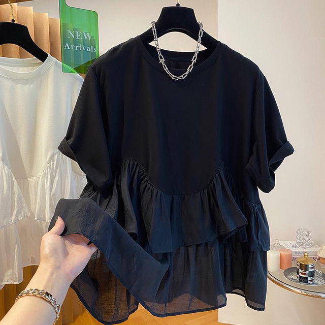Extra large size 2-300 pounds ruffled splicing short-sleeved T-shirt for women summer fat mm loose design niche chic top