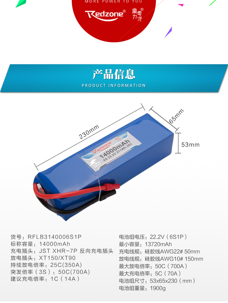 Redzone lipo 25C 14000mAh 22.2V/6S 富力锂电池 植保机电池 - 图0