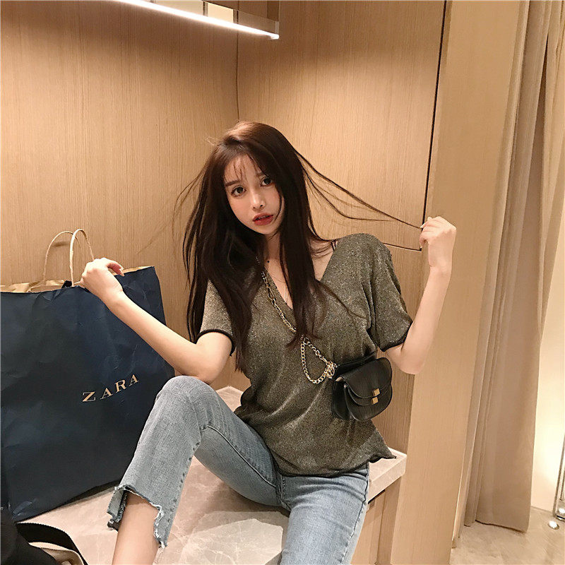 港味bling闪闪亮针织v领女打底衫 谷蝶服饰蕾丝衫/雪纺衫