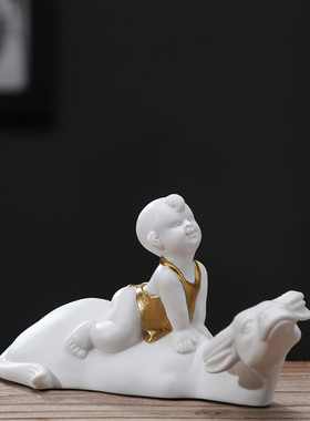 陶瓷牧童骑牛人物玄关客厅工艺品放牛送子娃娃旺丁财兴旺家居摆件