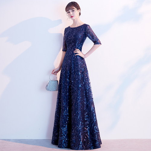 蓝色亮片妈妈晚礼服女高级感气质高端年会主持人大合唱演出服长裙 - 图1