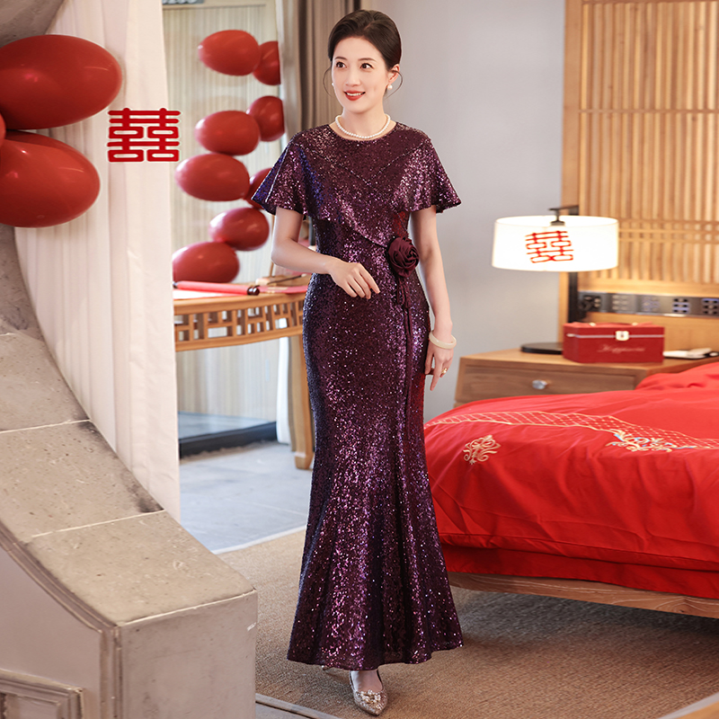 紫色喜婆婆婚宴装晚礼服2024新款高贵年轻高端洋气妈妈婚礼鱼尾裙 - 图1