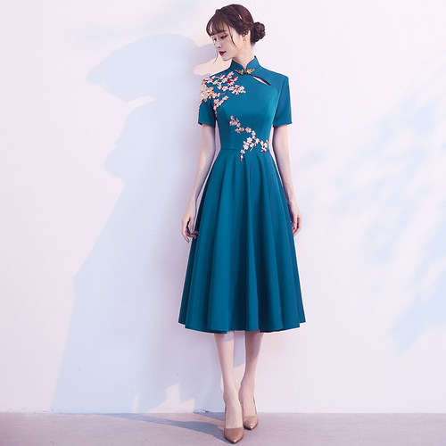 蓝色妈妈婚宴晚礼服女高级感气质宴会轻奢小众高端中式婚礼敬酒服 - 图2