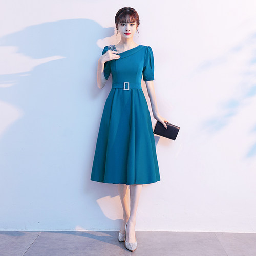 蓝色晚礼服女平时可穿气质宴会高端婚礼喜婆婆妈妈婚宴装连衣裙 - 图2