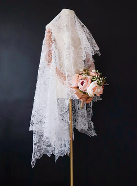 新娘结婚主婚纱头纱超仙森系珍珠花朵拍照头纱手套组合领证登记